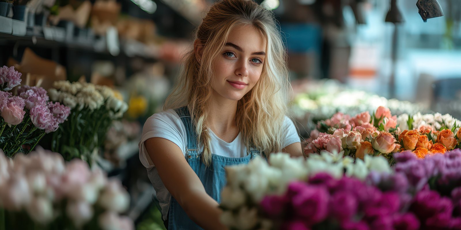 Young woman arranging vibrant flowers in a florist shop during the afternoon